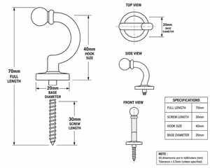 Premium Solid Brass Screw <b>Hook</b> Tie Back 70mm Retro Antique Finish <b>Curtain</b> Hold - Product Image 2