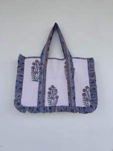 Bolsa de Mano de Algodón con Diseño Floral Estampado a Mano, Borde con Volantes y Asas Largas, para Compras, Viajes y Playa, para Mujer - Product Image 1