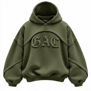เสื้อฮู้ดโอเวอร์ไซส์สีเขียวทหารสำหรับฤดูหนาว แบบยูนิเซ็กซ์ ผ้าฟลีซ มีกระเป๋าโลโก้ปักด้านหน้า แขนเสื้อแบบปกติ สไตล์สตรีทแวร์ - Product Image 1