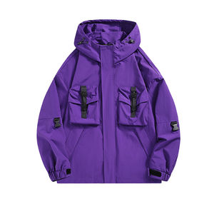 Veste coupe-vent en toile à capuche pour homme avec logo personnalisé, manches longues, fermeture éclair, légère, imperméable, coupe-vent, couleur unie - Product Image 2