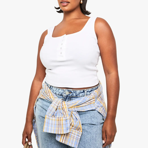 White Square <b>Neck</b> Knitted Tank Top With Button Detail Women's Casual Crop Top Solid Color Short Length Henley Top - Product Image 3