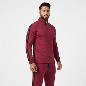 Ensemble de survêtement rouge pour homme, demi-zip, manches longues, couleur unie, sportif, séchage rapide, pantalon de jogging avec poches latérales et cordon de serrage - Product Image 2