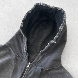 Custom Streetwear Black Hoodies Mens Blank Casual 450gsm Heavyweight French Terry Vintage Distressed Men Acid Wash <b>Zip</b> up Hoodie - Product Image 6