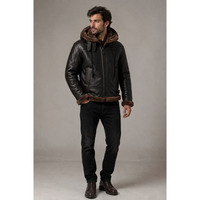 Veste bomber d'hiver pour homme en cuir véritable noir, doublée de fourrure sherpa, fermeture éclair, style aviateur