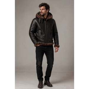 <b>Men's</b> Black Genuine Leather Hooded <b>Jacket</b> Sherpa Fur Lined Zip Up Winter Bomber Coat Winter Bomber <b>Flight</b> <b>Jacket</b> - Product Image 4