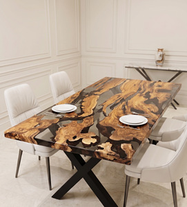 Table à manger rectangulaire moderne en résine avec bord naturel, design grain de bois fait main, 4 places, pieds en métal, durable, mobilier de maison et de commerce, Global - Product Image 1