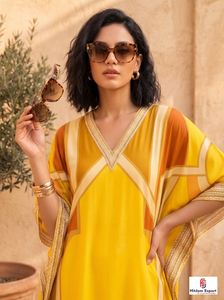 Vestido Kaftán Largo Estampado Amarillo de Rayón para Mujer, Cuello en V, Manga Larga, Hasta la Rodilla, Elegante, Marca HitJem Export Premium - Product Image 6