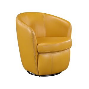 Fauteuil pivotant de luxe 1 pièce avec dossier tonneau en bois massif et revêtement en cuir pleine fleur jaune pour salon - Product Image 3