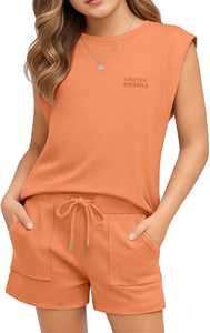 Ensemble 2 pièces pour femmes, haut sans manches à col rond et short à cordon de serrage avec poches, tenue d'été décontractée - Product Image 1