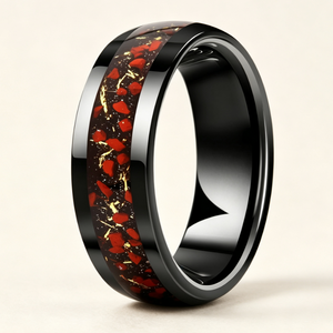Bague en carbure de tungstène avec incrustation d'os de dinosaure et de feuille d'or, alliance biseautée pour femmes et hommes, bijoux de luxe anciens en gros - Product Image 3