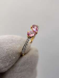 Elegante Anillo de Dos Piedras de Zafiro Rosa, Corte Pera, Vintage, Plata de Ley 925, Chapado en Oro de 14K, Anillo de Compromiso y Boda - Product Image 2