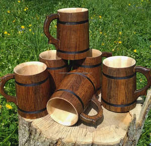 Chope à bière viking élégante en bois, faite à la main, rétro, tasse brune, fût à bière en chêne, sculpture sur bois, chope à bière en gros par FWE - Product Image 1
