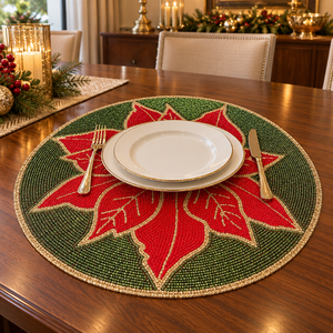 Round Poinsettia Glass Beaded Placemat Red Green Floral <b>Mat</b> Handmade <b>Christmas</b> Dining Decor Home Party Wedding | Fine Style - Product Image 4
