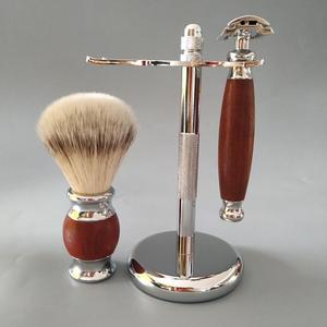 Safety <b>Razor</b> Kit Pure Badger Shaving Brush Wood Customized Men's Red Wood Handle Safety <b>Razor</b> and Shaving <b>Set</b> with Stand - Product Image 2