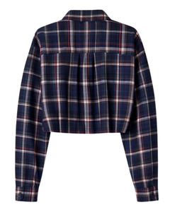 Chemisier court personnalisé bleu marine à carreaux pour femme, col rabattu, manches longues, boutonné, décontracté, fabrication sur mesure - Product Image 5