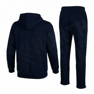 Ensemble de survêtement unisexe bleu marine à capuche, manches longues, couleur unie, vêtements décontractés avec fermeture à cordon et poches latérales - Product Image 2