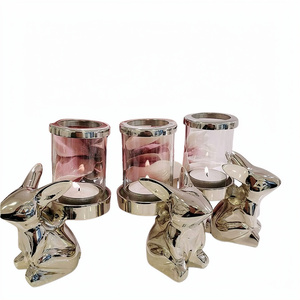 Shiny Polished Rabbit Shape Design <b>Set</b> of 3 <b>Candle</b> Holder Aluminum Glass Material Luxury Fancy <b>Candle</b> Holder - Product Image 1