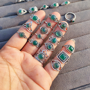Classic Ethnic Green Onyx <b>Rings</b> Set Silver Plated Brass Bezel Setting Adjustable Gemstone Bulk Lot Bohemian Style Unisex May - Product Image 1