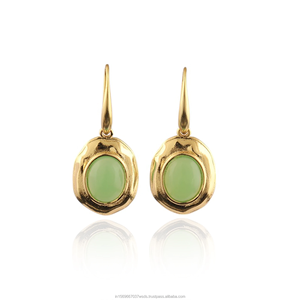Chryso Chalcedony Oval Gemstone <b>Drop</b> Dangle Earrings Solid Brass 18k Gold Plated Hook Style Jewelry Statement Earrings For Women - Product Image 2