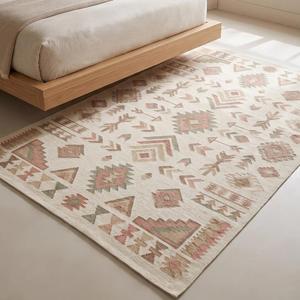 Tapis Kilim Élégant en Laine Tissée à la Main, Couleur Crème Rose Pastel, Style Tribal Sud-Ouest, Couleur Unie, Antidérapant, en Toile de Coton - Product Image 3