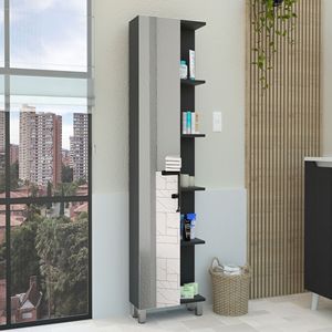 Gabinete de una puerta con espejo Venus, de lino, con cinco estantes externos y cuatro interiores, negro - Depósito E Shop, estantes para baño - Product Image 1