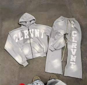 Survêtements évasés de qualité supérieure avec fermeture éclair et lavage à l'acide, jogging pour jambes, ensembles sweats à capuche et pantalons de survêtement pour hommes - Product Image 2