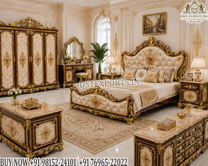 Ensemble de meubles de chambre à coucher en bois sculpté de style rococo, ensemble de meubles de chambre à coucher de luxe en bois comprenant un lit avec des tables de chevet, une commode et une armoire - Product Image 6