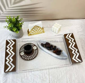 Haute qualité carré fait à la main Style arabe nacre incrustation Acacia manche en bois décoratif métal acrylique plateau de service maison - Product Image 2