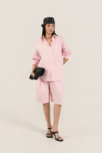 Women's <b>2</b>-<b>Piece</b> Shorts <b>Set</b> - 100% Cotton Poplin, Enzyme Prewashed, Breathable, Knee-Length Bermuda, Casual Full Sleeve Top - Product Image 5