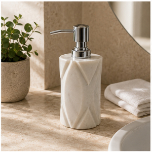 Modern Luxury Handcrafted Natural <b>White</b> Marble Soap Dispenser with Stainless Steel Pump Lotion Bottle for 5-Star Hotel <b>Bathroom</b> - Product Image 4