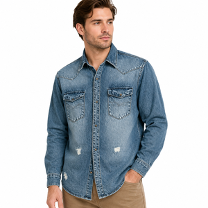 Chemise en jean de coton à manches longues pour homme, qualité supérieure, fabriquée en usine, respirante, écologique, infroissable, style formel/décontracté, toutes tailles - Product Image 1