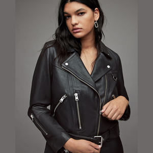 Veste de motard slim fit en cuir véritable imprimé écologique noir pour femme, vêtement d'extérieur tendance pour l'hiver, veste en cuir véritable pour femme - Product Image 6