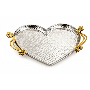Bandeja de Servir de Metal en Forma de Corazón de Lujo con Asas Florales Doradas, Plato Decorativo de Acero Inoxidable Martillado para el Hogar y Bodas - Product Image 1