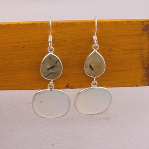 Boucles d'oreilles multi-pierres en préhnite naturelle et opalite, en argent sterling 925, facettées, forme goutte et coussin, bijoux en gros - Product Image 5