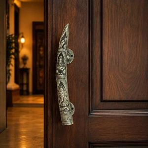 Poignée de porte décorative en métal argenté antique, longue poignée de porte avec motif sculpté du Seigneur Ganesha pour portes d'entrée en bois, maison - Product Image 4