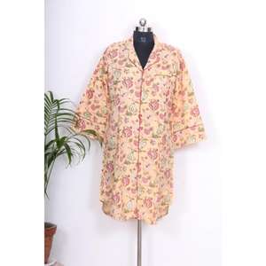 Minivestido elegante de algodón indio con estampado floral para mujer, estilo A, de una pieza, con botones en la cintura natural, casual y elegante para el verano. - Product Image 1