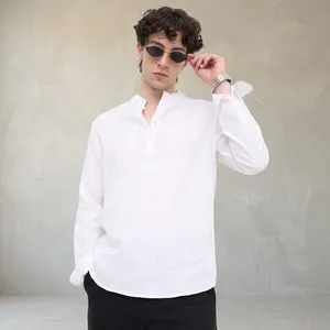 Men's White Mandarin Collar Long Sleeve linen Casual kurta Solid Color Breathable linen Full Sleeve Spring Minimalist Style - Product Image 2