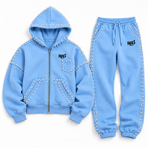 Wholesale Men's Embellished Cotton tracksuit Beaded Zip Up Hoodie Co/Ord Luxury <b>Stud</b> Streetwear Pastel Decoration OEM <b>Clothing</b> - Product Image 1