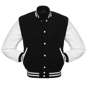 แจ็คเก็ตเบสบอลแบบ Letterman สีดำสั่งทำพิเศษพร้อมแขนหนังสีขาว แจ็คเก็ตบอมเบอร์สำหรับผู้ชาย แจ็คเก็ตทีมวิทยาลัยแบบสั่งทำส่วนตัว - Product Image 1
