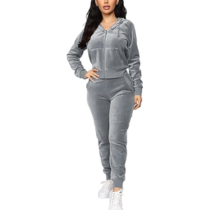 Ensemble de survêtement deux pièces en velours côtelé à capuche courte, motif plumes vintage, 100 % coton, pour femme, avec sweat-shirt zippé - Product Image 3
