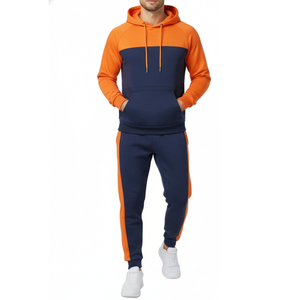 Ensemble de survêtement homme bleu marine et orange - Sweat à capuche raglan et pantalon color block - Vêtements de sport avec empiècements latéraux contrastants - Product Image 1