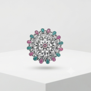 DIVYORO VINTAGE OXIDIZED <b>SILVER</b> INLAY ETHNIC STATEMENT <b>RING</b> with PINK & GREEN STONE ACCENTS - Product Image 1