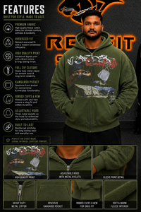 Sudadera con capucha y cremallera para hombre Rexfit, color verde oliva, corte holgado, estilo urbano, estampado en felpa, para otoño, con estampado DTF - Product Image 6