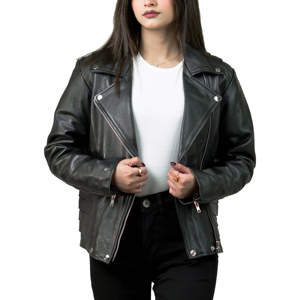 Women's Black Genuine Leather Moto Jacket Full Sleeve Turn-down Collar <b>Zipper</b> Closure Autumn Style - Product Image 4