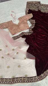 Sari Tradicional Indio de Terciopelo y Tela de Red con Bordado de Hilo y Dori para Bodas y Fiestas para Mujeres - Product Image 3