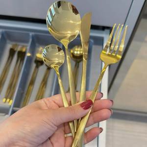 Cuillère à soupe, fourchette et couteau en acier inoxydable doré, finition miroir, design personnalisé, pièce unique, tête ronde - Product Image 1