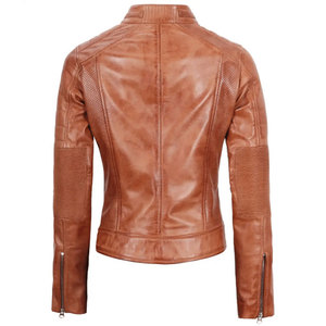 Real Sheepskin Leather <b>Jacket</b> for Women Tan Brown Moto <b>Biker</b> <b>Jacket</b> with Quilted Shoulder & Zipper Pockets - Product Image 3
