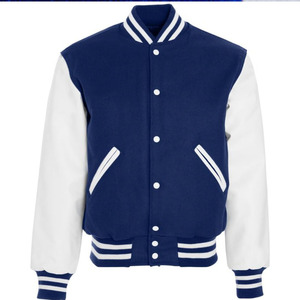 Veste universitaire classique avec logo personnalisé pour homme, bleu marine, corps en laine, manches en cuir blanc, veste de baseball Letterman, vente en gros OEM - Product Image 3
