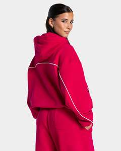 Sudadera con Capucha Personalizada para Mujer, Color Rojo Frambuesa con Líneas en Contraste, Corte Holgado, Felpa de Algodón Premium, Transpirable, Informal, OEM - Product Image 2