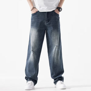 Streetwear Straight Custom Baggy Jeans Men Distressed Dark Washed Cotton Denim Jeans Vintage Fashion Jeans Pants For Men - Product Image 6